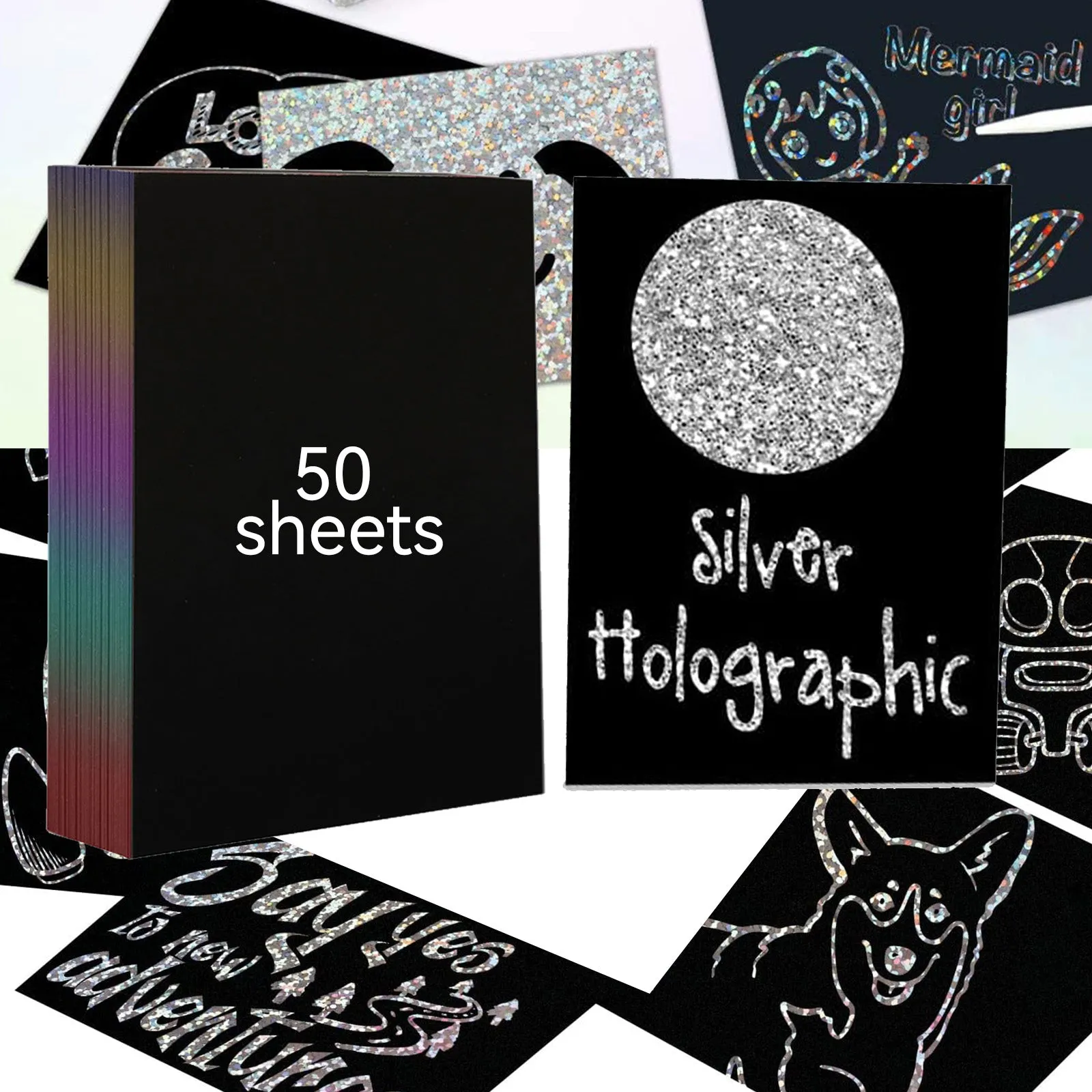 50 Sheets A4 Laser Silver Scratch Paper Crafts Scratch Art Painting Drawing Paper for Kids Gift