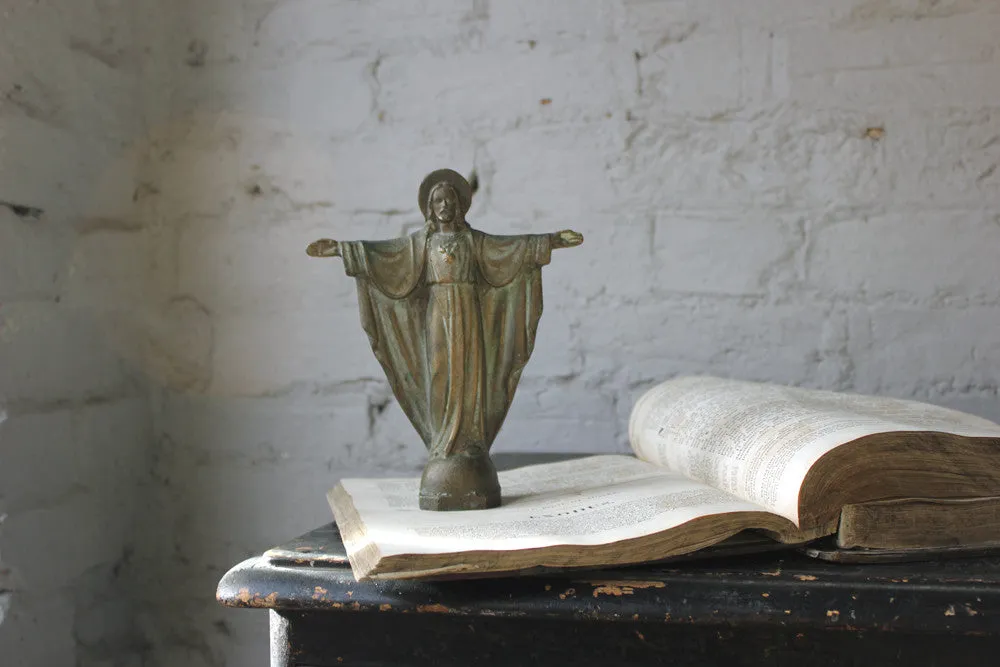 A Good Early 20thC Solid Bronze Figure of The Sacred Heart of Jesus Christ