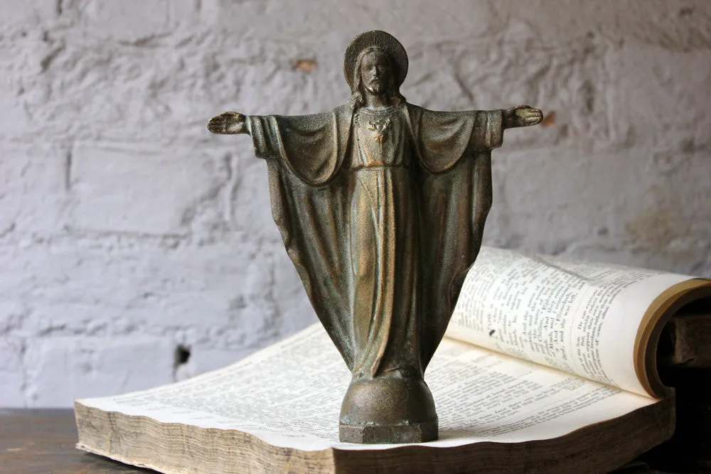 A Good Early 20thC Solid Bronze Figure of The Sacred Heart of Jesus Christ