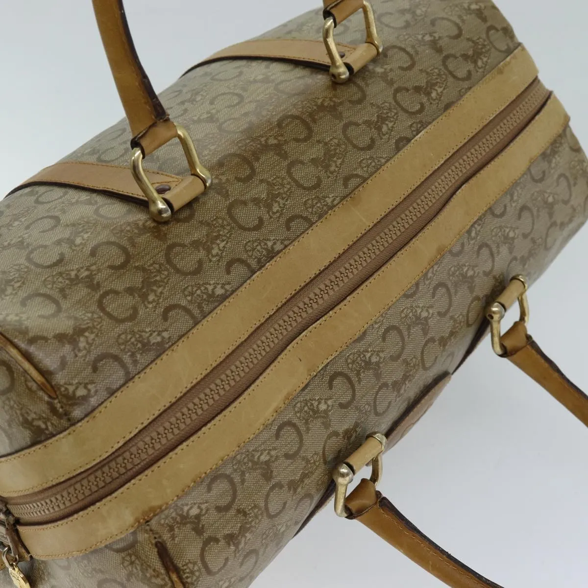 CELINE C Macadam Canvas Boston Bag Coated Canvas Beige Auth 72166