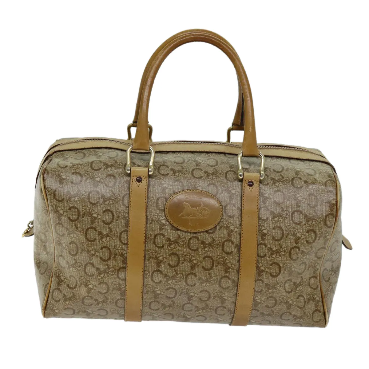 CELINE C Macadam Canvas Boston Bag Coated Canvas Beige Auth 72166