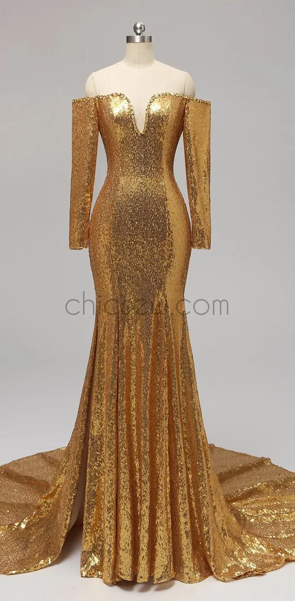 Charming Shining Long Sleeves Mermaid Sequin Sparkly Long Prom Dresses, Party Dress LMX1119