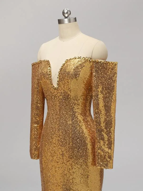 Charming Shining Long Sleeves Mermaid Sequin Sparkly Long Prom Dresses, Party Dress LMX1119