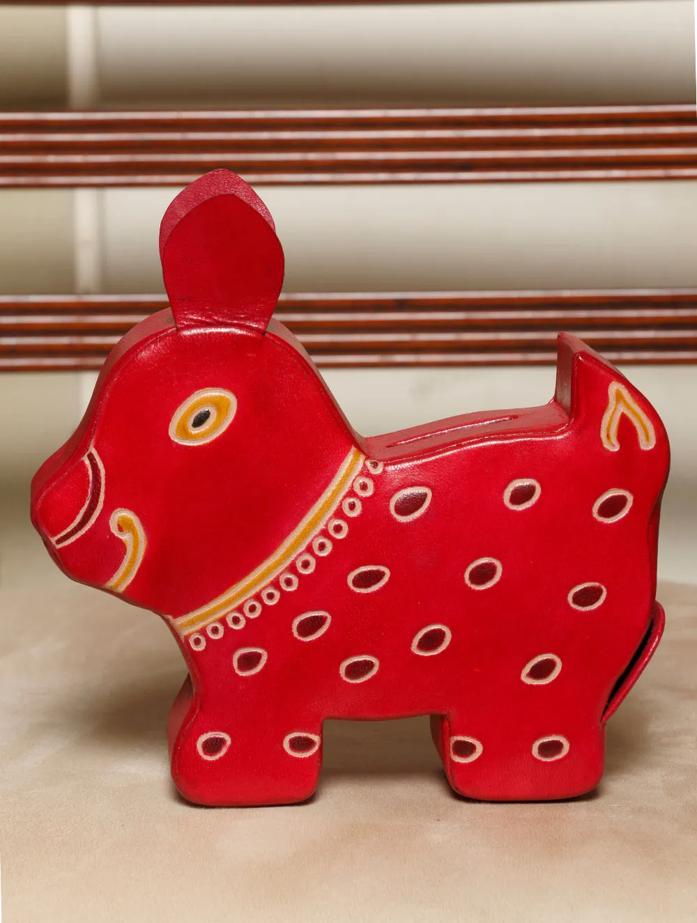 Embossed Leather - Piggy Bank, Puppy, with Button, Multicoloured
