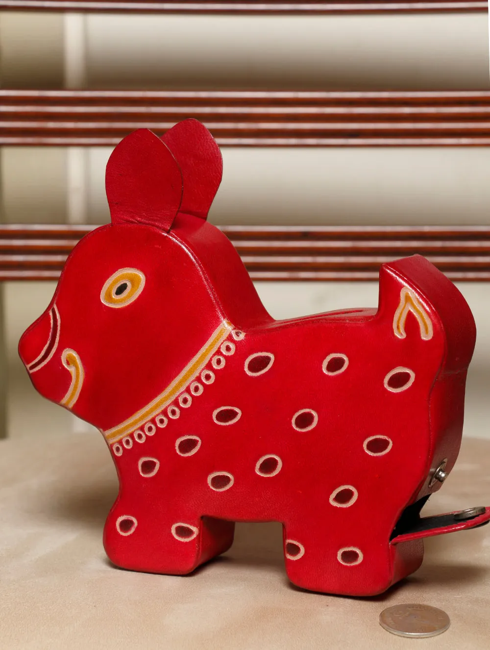 Embossed Leather - Piggy Bank, Puppy, with Button, Multicoloured