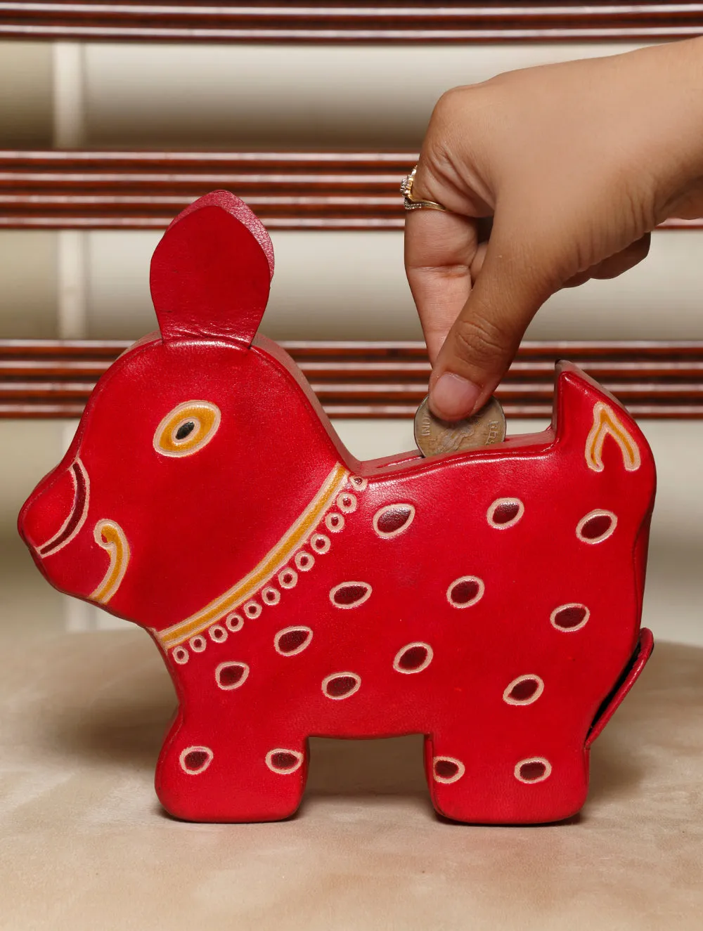 Embossed Leather - Piggy Bank, Puppy, with Button, Multicoloured