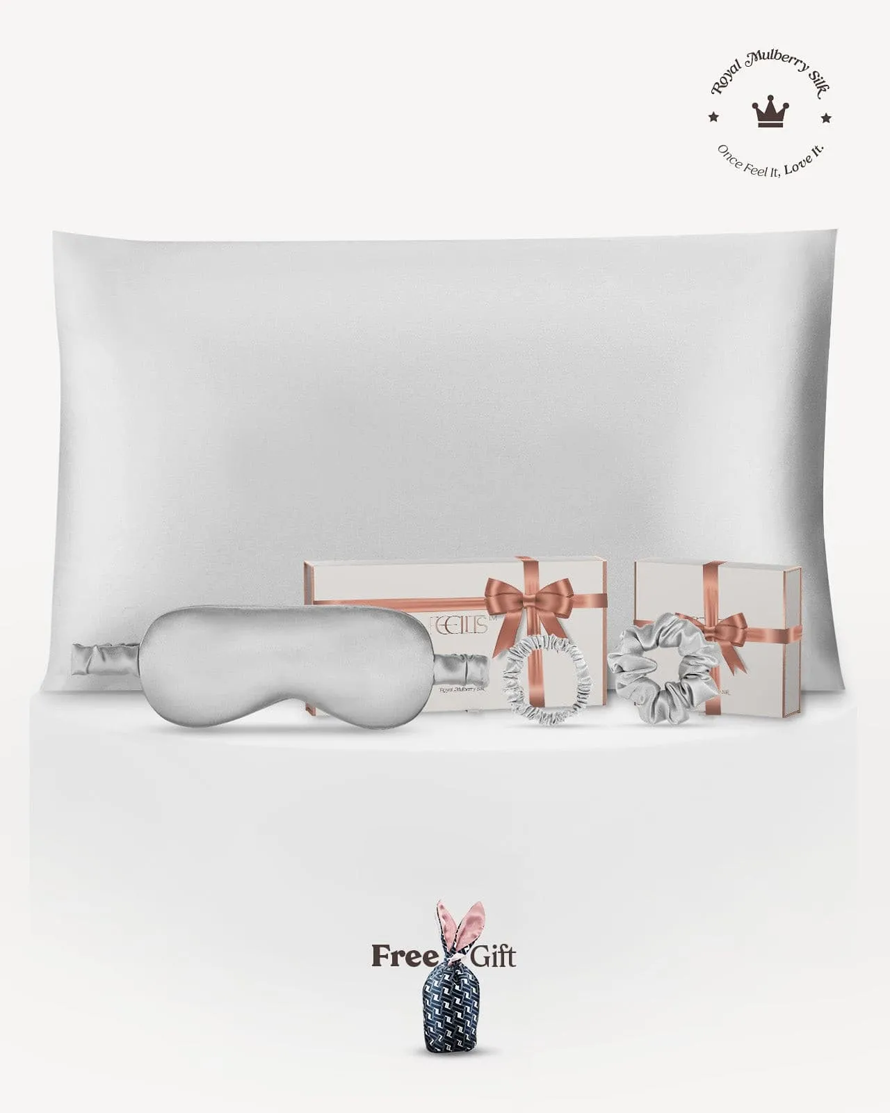 FEELITS 100% Royal Mulberry Silk.  Natural Beauty Luxury Gift Set- Silver Grey