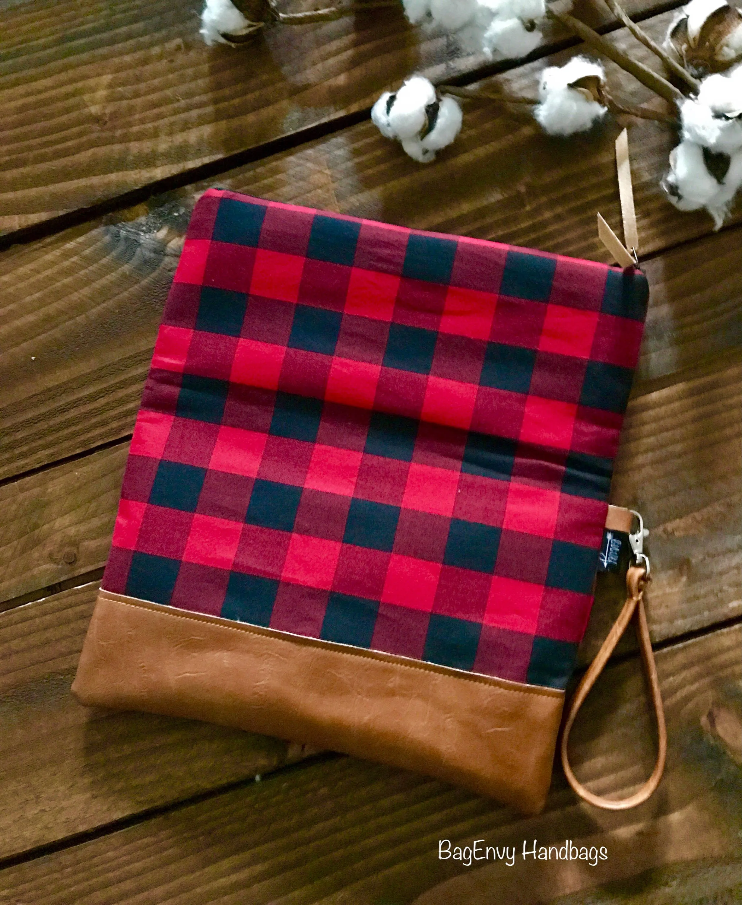Fold Over Clutch - Buffalo Plaid with Vegan Leather - Detachable Wristlet
