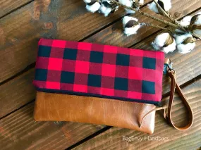 Fold Over Clutch - Buffalo Plaid with Vegan Leather - Detachable Wristlet