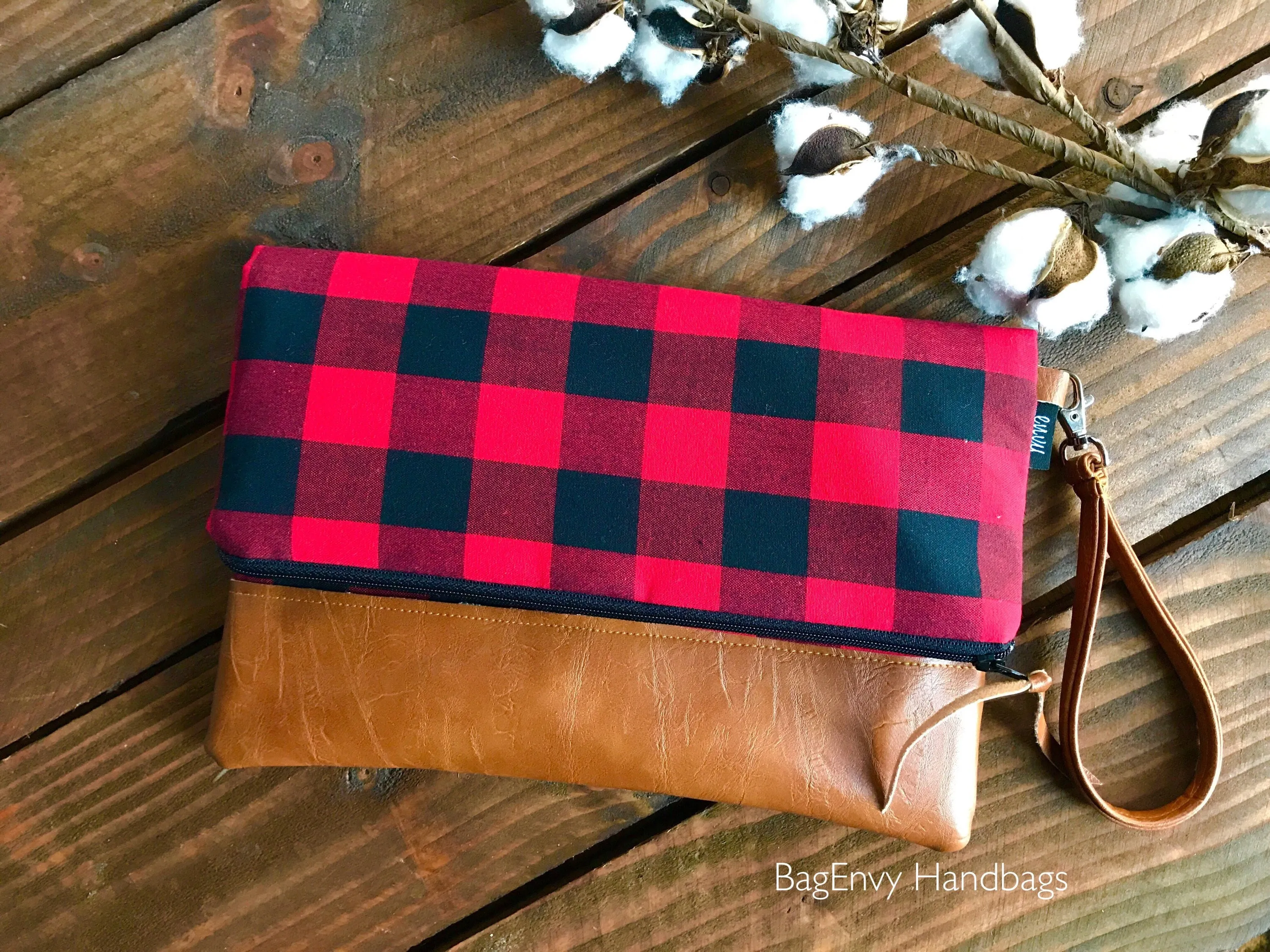 Fold Over Clutch - Buffalo Plaid with Vegan Leather - Detachable Wristlet