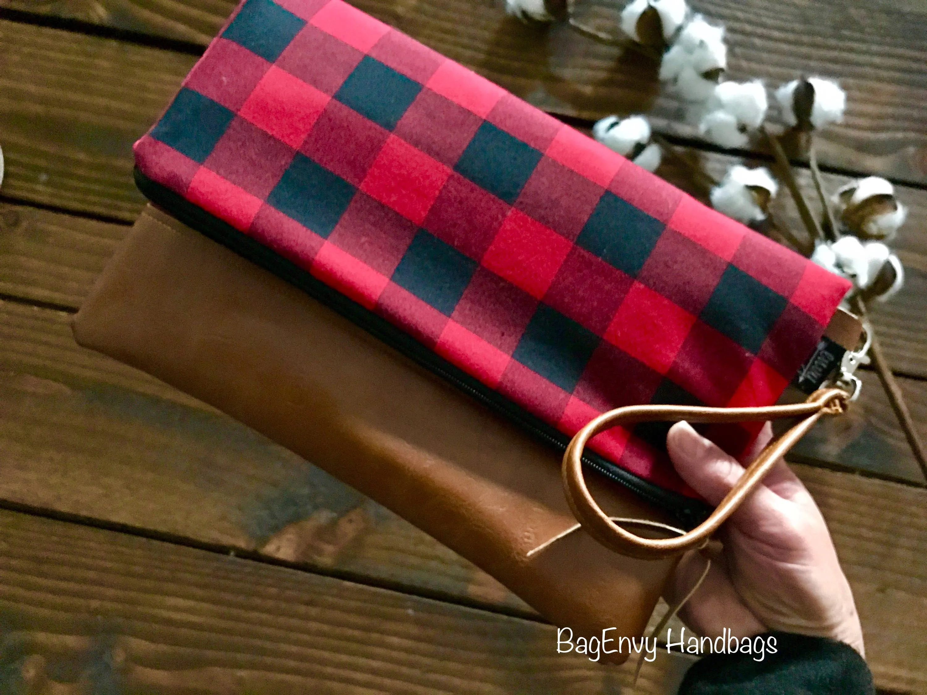Fold Over Clutch - Buffalo Plaid with Vegan Leather - Detachable Wristlet