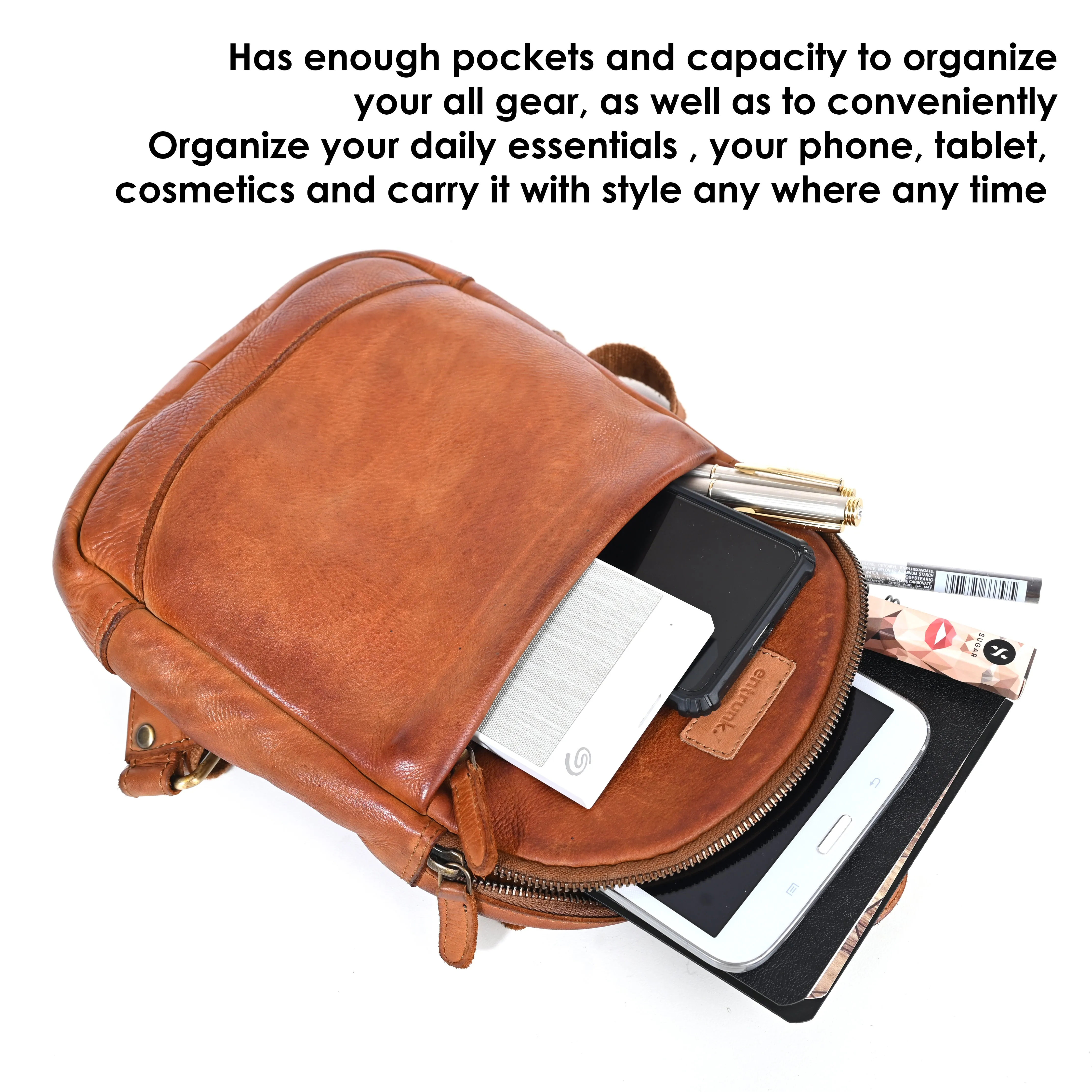 Genuine Premium Leather Made Cross Body Sling Tablet Messenger Shoulder Bag For Men And Women-Tan