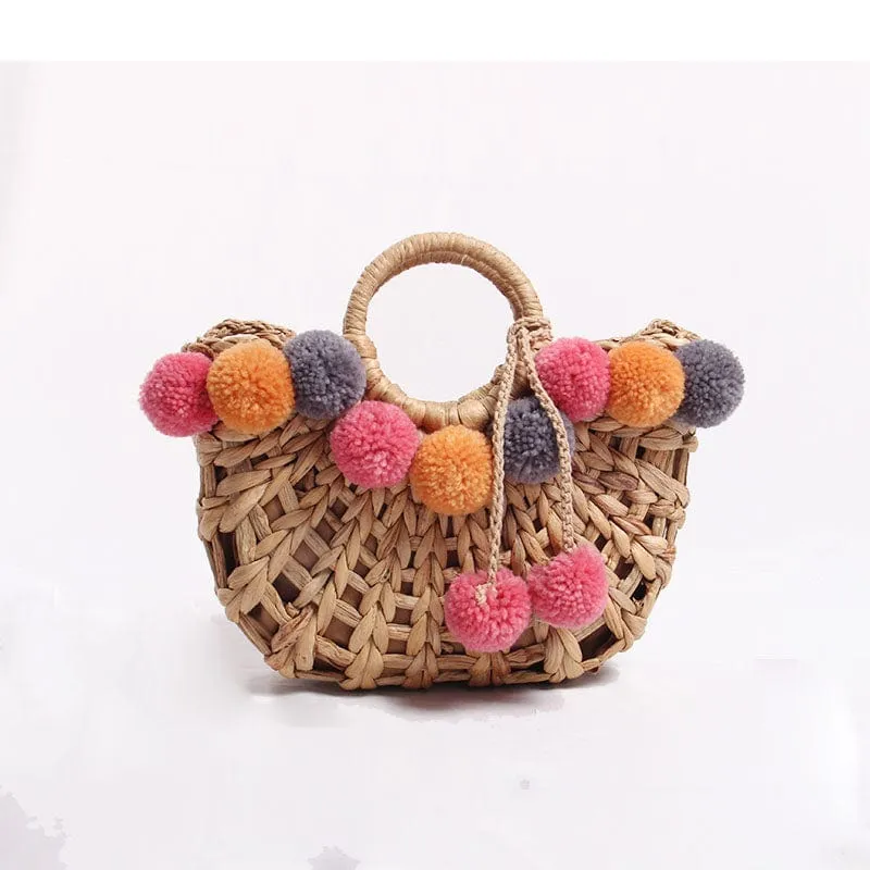 Handmade Straw Hairball Tassel Handbag Travel Beach Bag