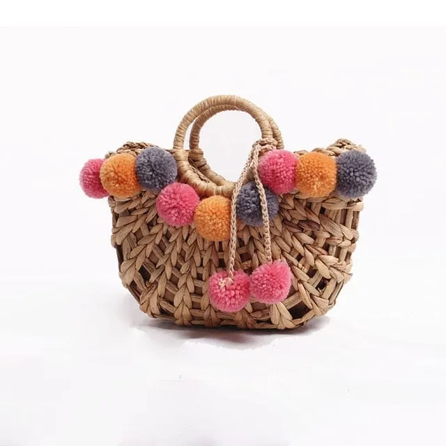 Handmade Straw Hairball Tassel Handbag Travel Beach Bag
