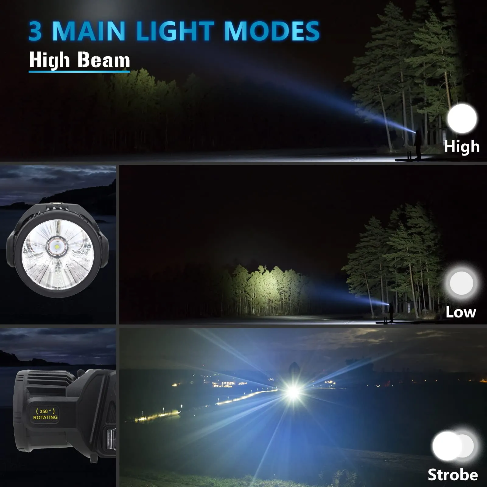 JSKNB 1000,000 Lumens Spotlight, 9 Modes Led Rechargeable Spotlight Flashlight with 350° Rotate Head, Super Bright Spot Lights Outdoor Handheld, IPX6 Waterproof Solar Flashlight for Emergencies
