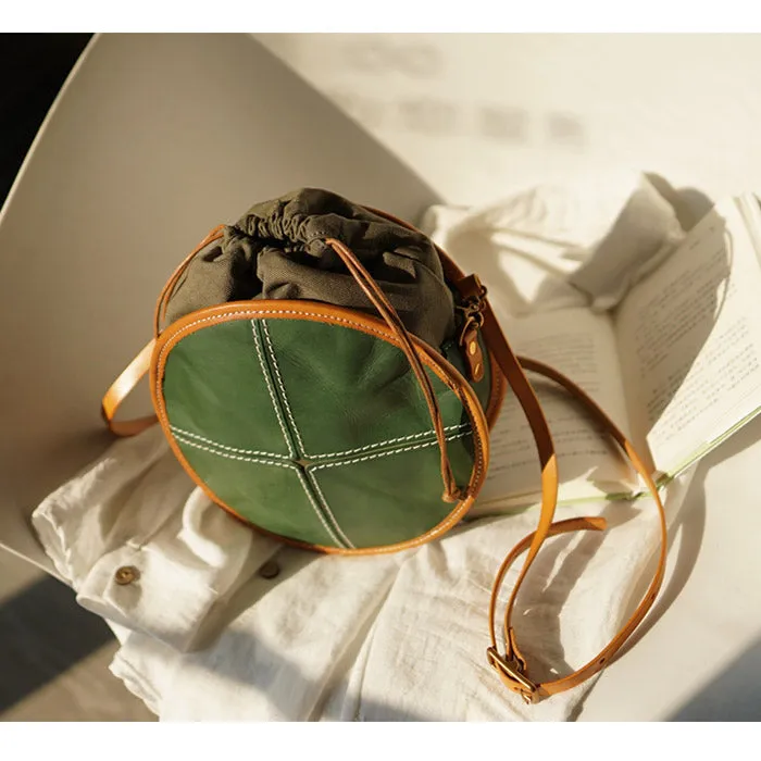 Ladies Green Leather Round Bag Circle Purse Casual Crossbody Bag for Women