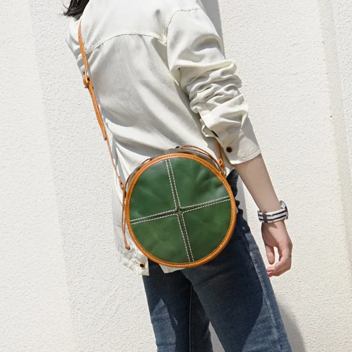 Ladies Green Leather Round Bag Circle Purse Casual Crossbody Bag for Women