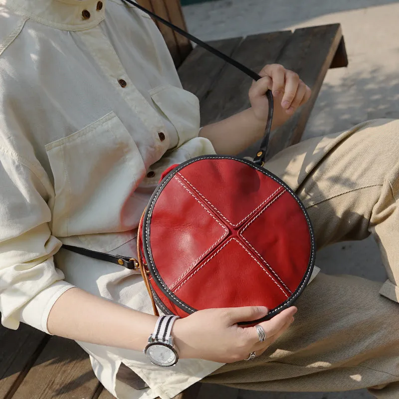 Ladies Green Leather Round Bag Circle Purse Casual Crossbody Bag for Women