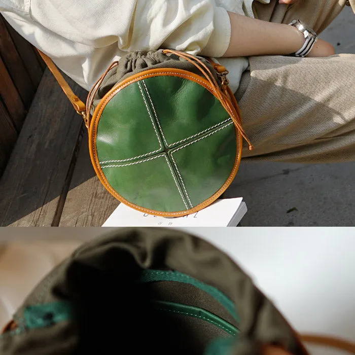 Ladies Green Leather Round Bag Circle Purse Casual Crossbody Bag for Women