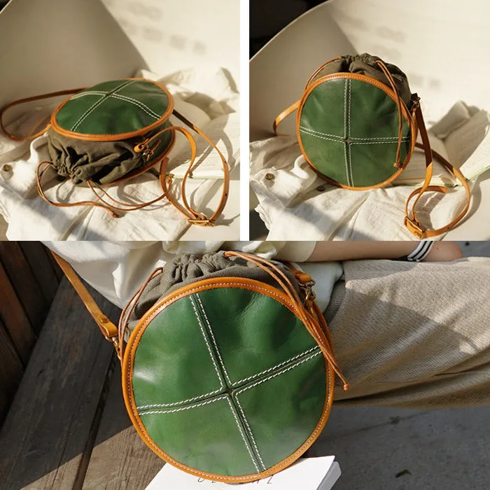 Ladies Green Leather Round Bag Circle Purse Casual Crossbody Bag for Women