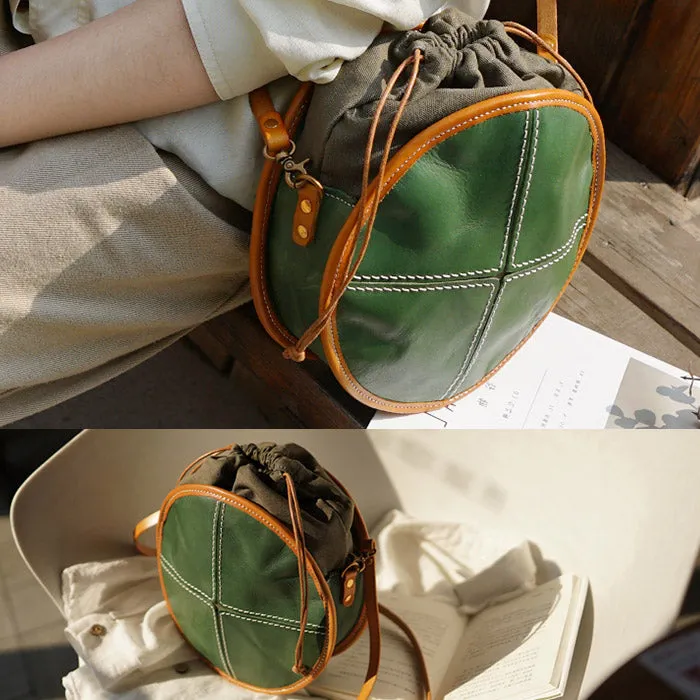 Ladies Green Leather Round Bag Circle Purse Casual Crossbody Bag for Women