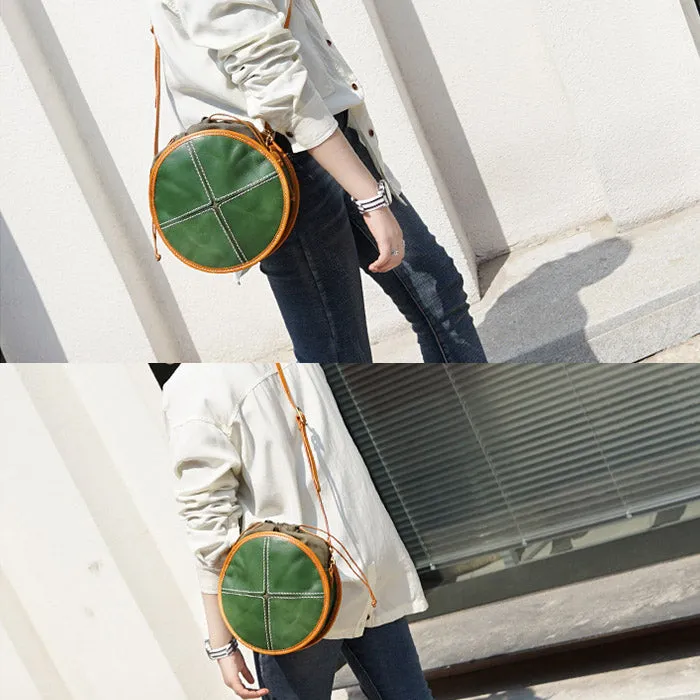 Ladies Green Leather Round Bag Circle Purse Casual Crossbody Bag for Women