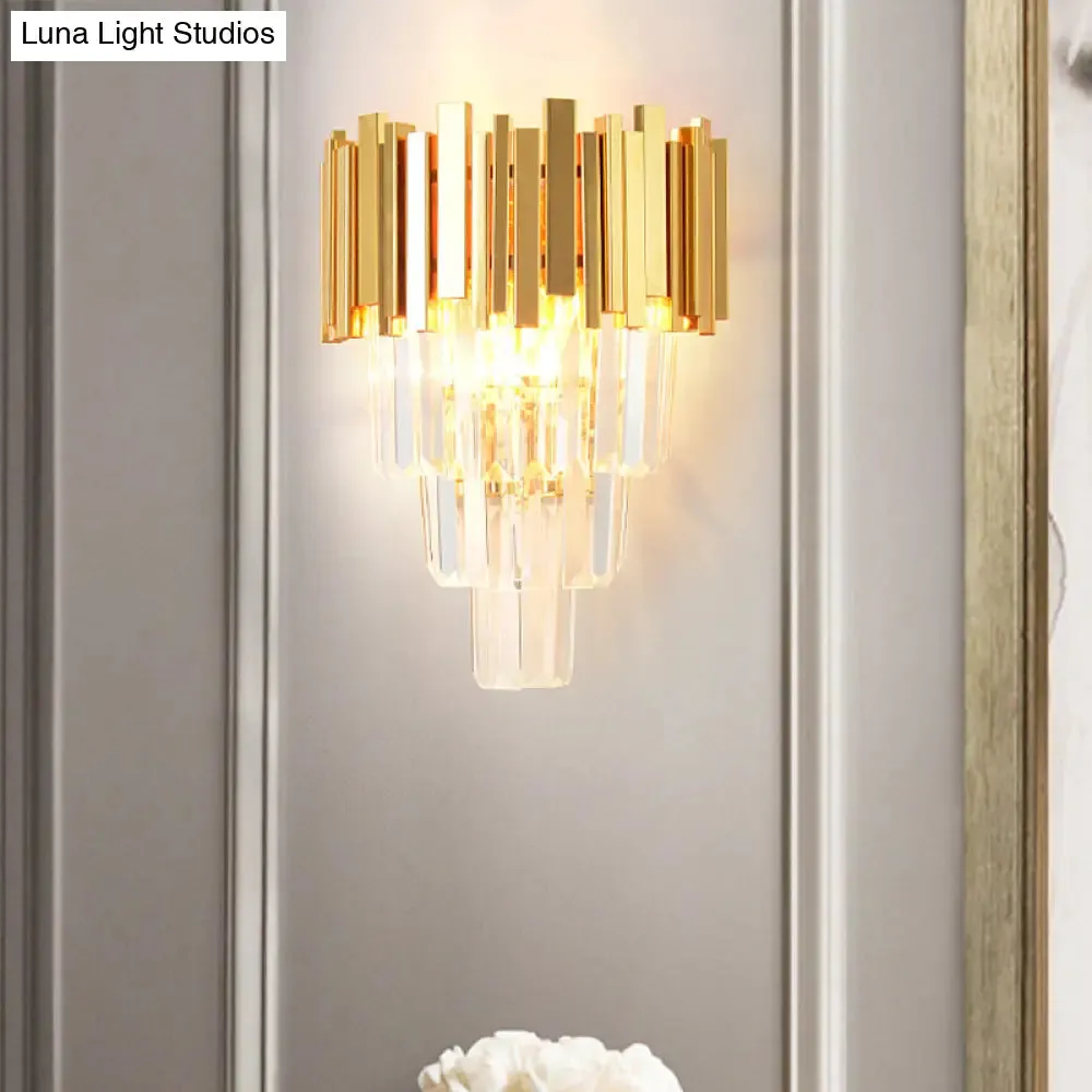 Modern Gold Sconce Light - 4 Layer Wall Fixture with Tri-Sided Crystal Rods and 2 Heads