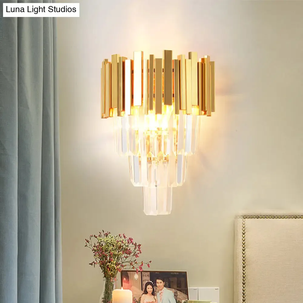 Modern Gold Sconce Light - 4 Layer Wall Fixture with Tri-Sided Crystal Rods and 2 Heads
