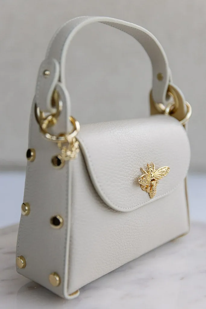 Nina Pebbled Leather Hand Bag, Almond