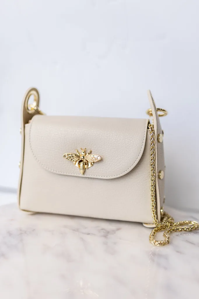 Nina Pebbled Leather Hand Bag, Almond