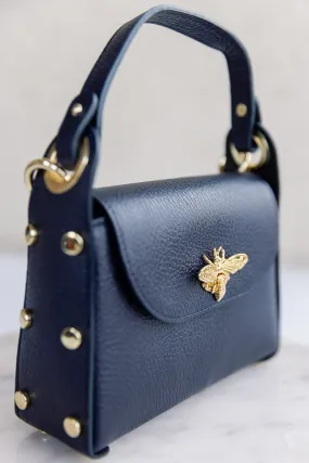 Nina Pebbled Leather Hand Bag, Navy