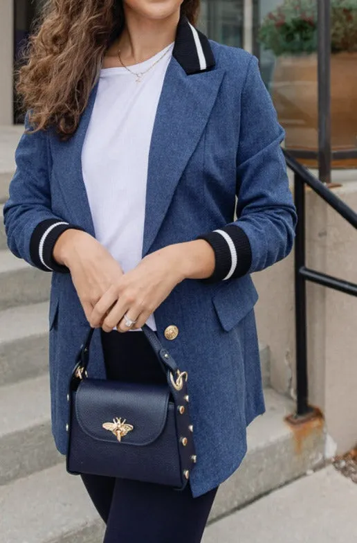 Nina Pebbled Leather Hand Bag, Navy
