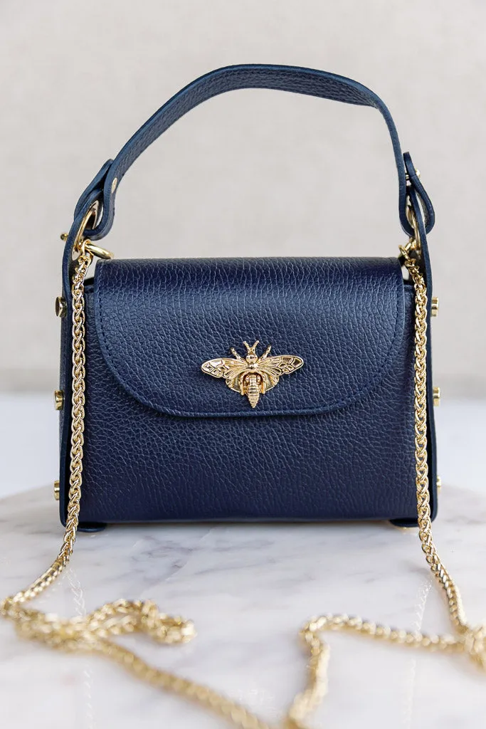 Nina Pebbled Leather Hand Bag, Navy