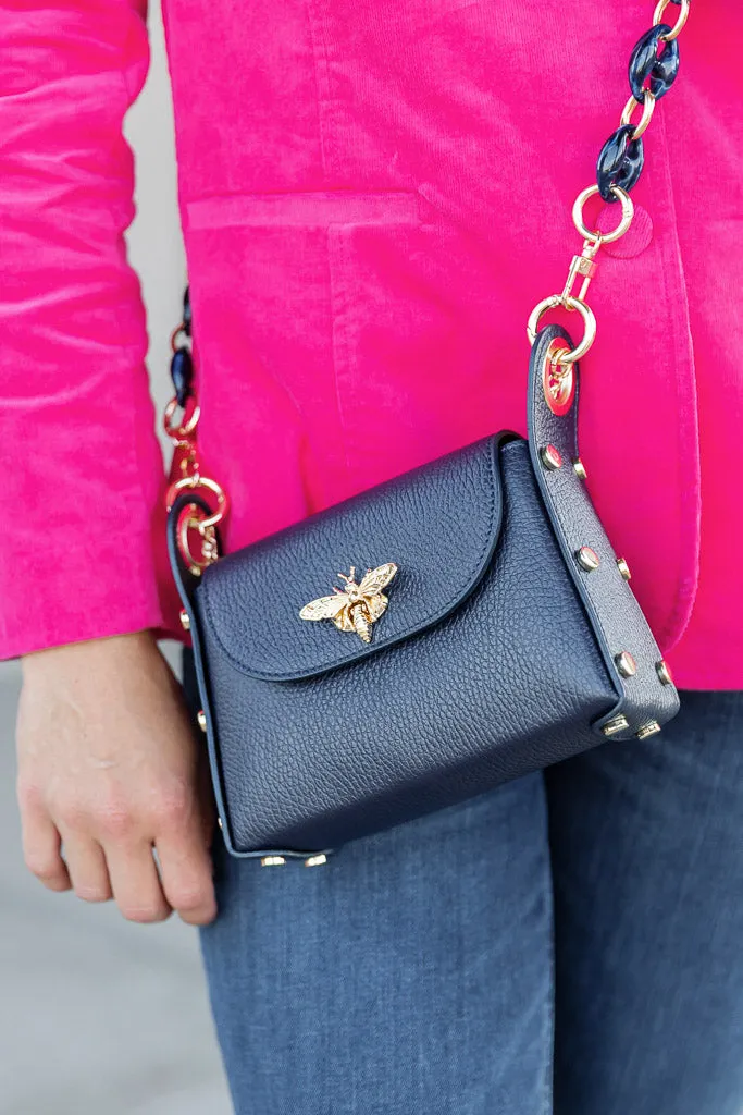 Nina Pebbled Leather Hand Bag, Navy