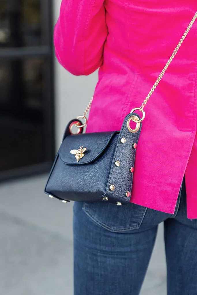 Nina Pebbled Leather Hand Bag, Navy