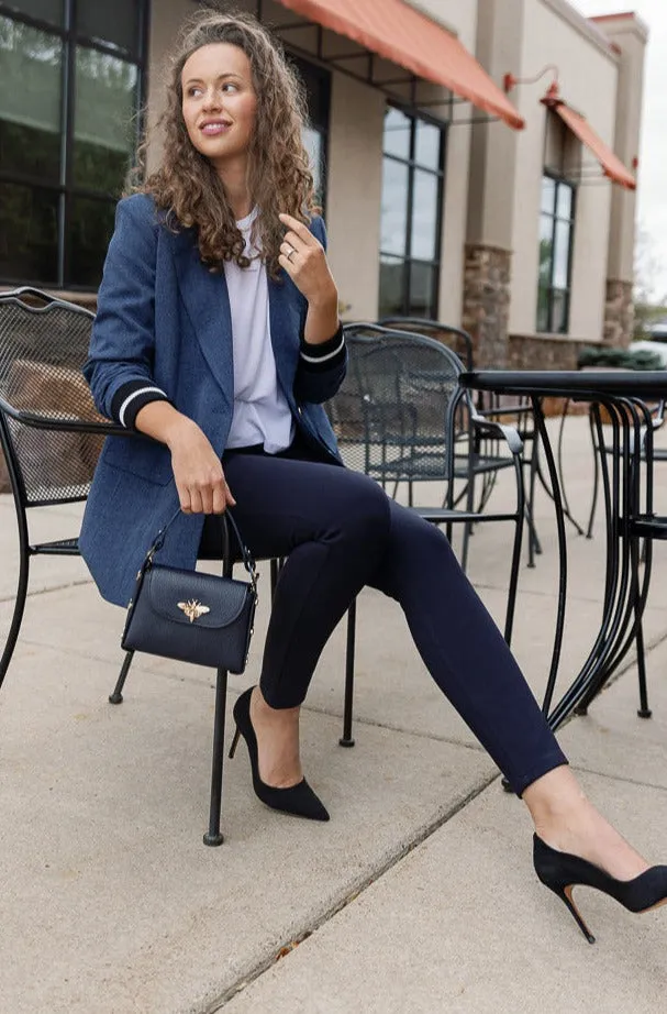 Nina Pebbled Leather Hand Bag, Navy