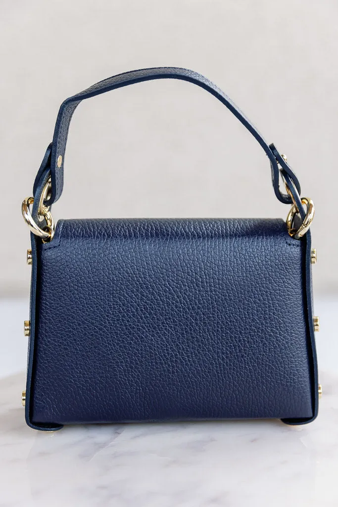 Nina Pebbled Leather Hand Bag, Navy