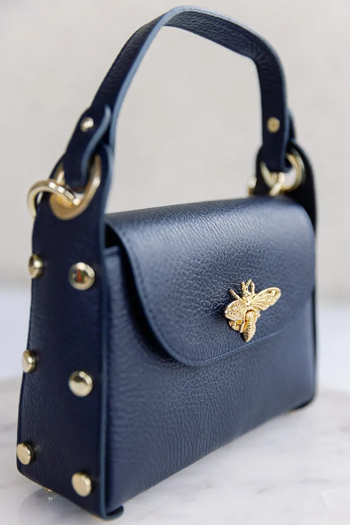 Nina Pebbled Leather Hand Bag, Navy