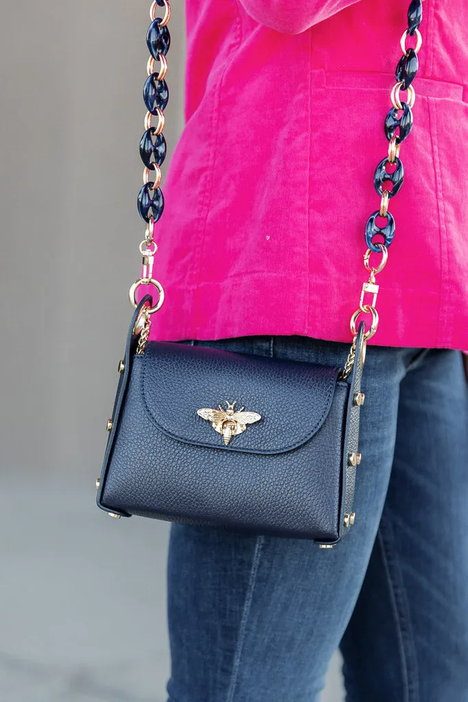 Nina Pebbled Leather Hand Bag, Navy