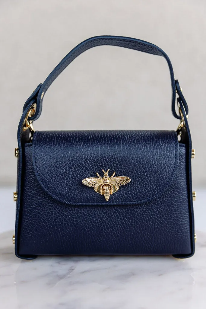 Nina Pebbled Leather Hand Bag, Navy