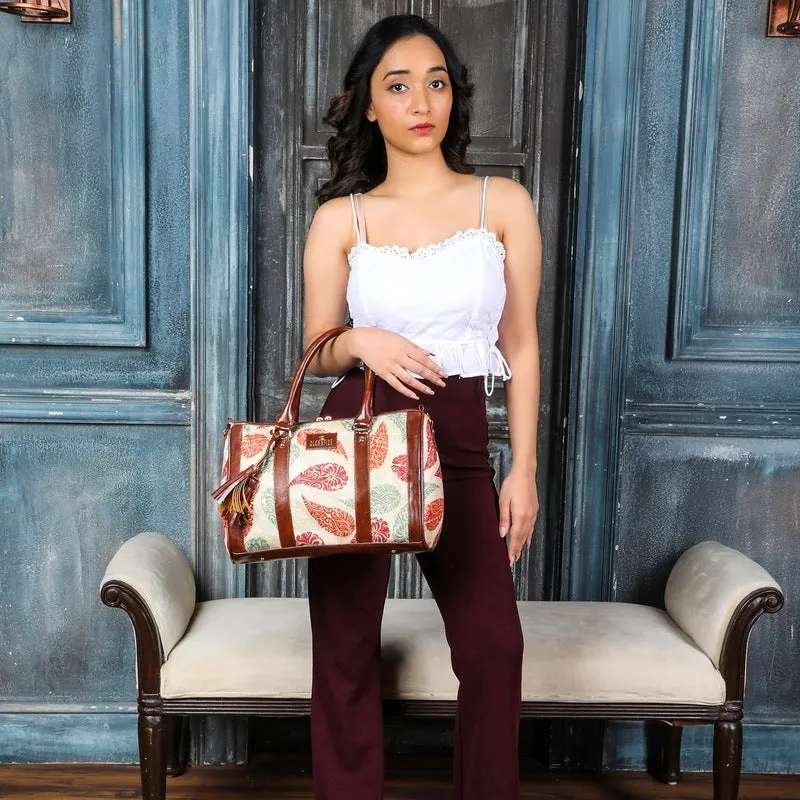 THE CLOWNFISH Lorna Printed Handicraft Fabric & Faux Leather Handbag Sling Bag for Women Office Bag Ladies Shoulder Bag Tote For Women College Girls (Cream-Leaf Design)