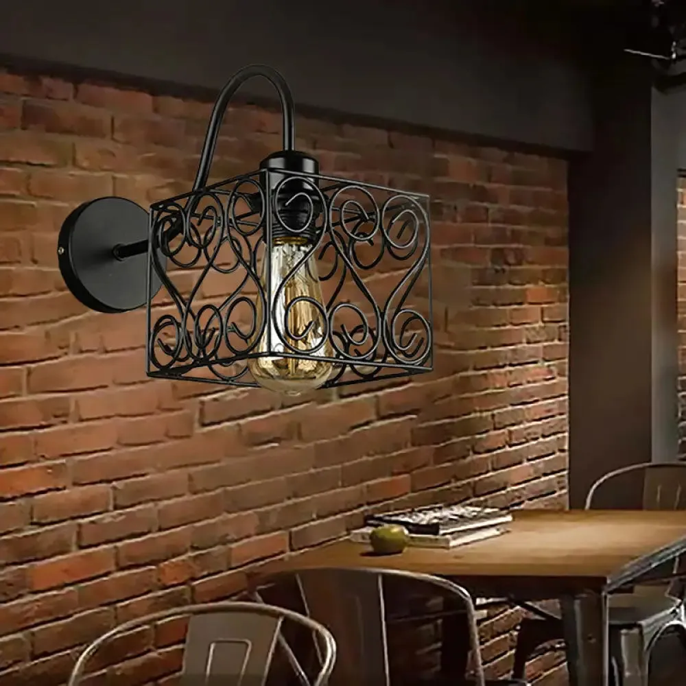 Vintage Industrial Metal Cage Wall Sconce - Square/Diamond Design, Black Finish