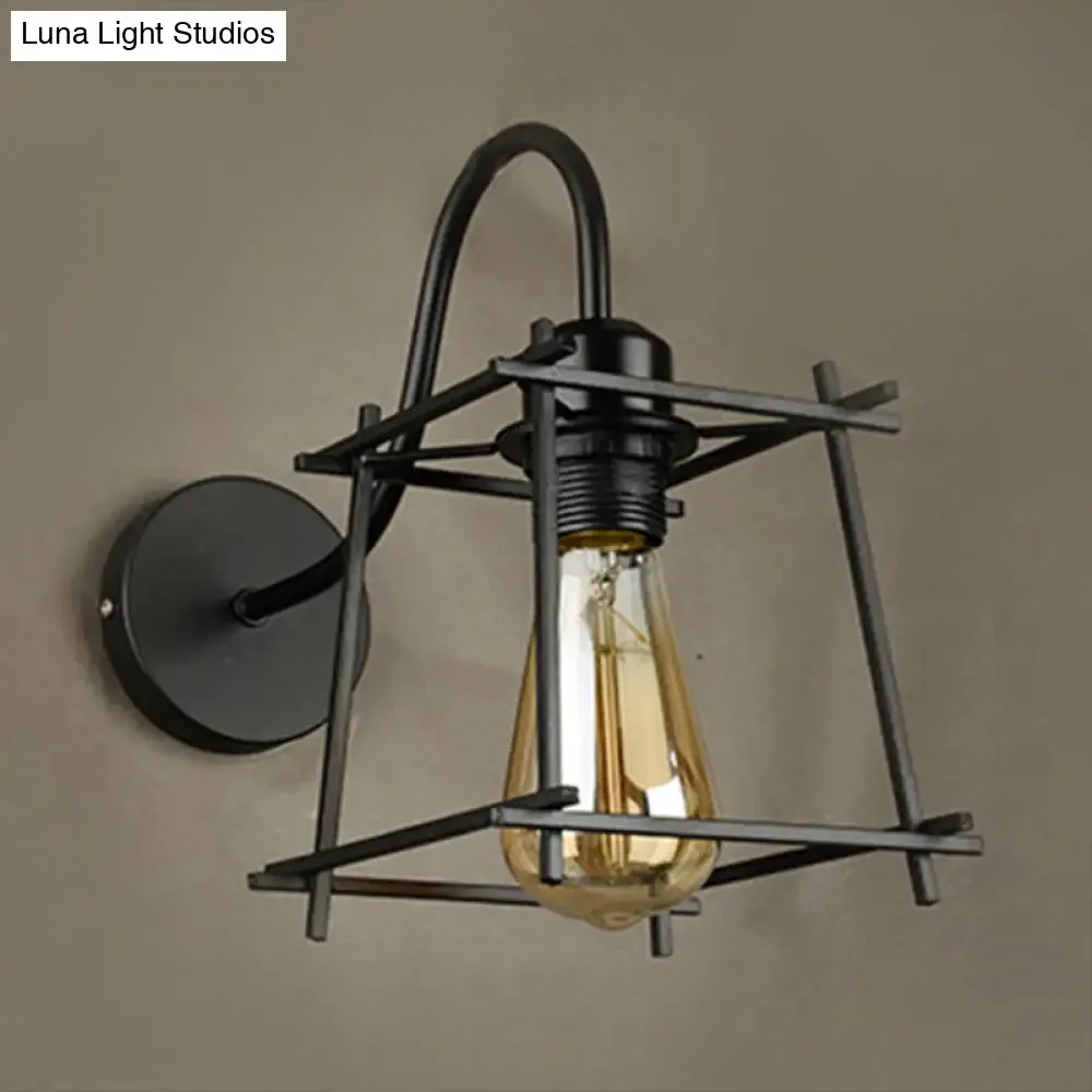 Vintage Industrial Metal Cage Wall Sconce - Square/Diamond Design, Black Finish