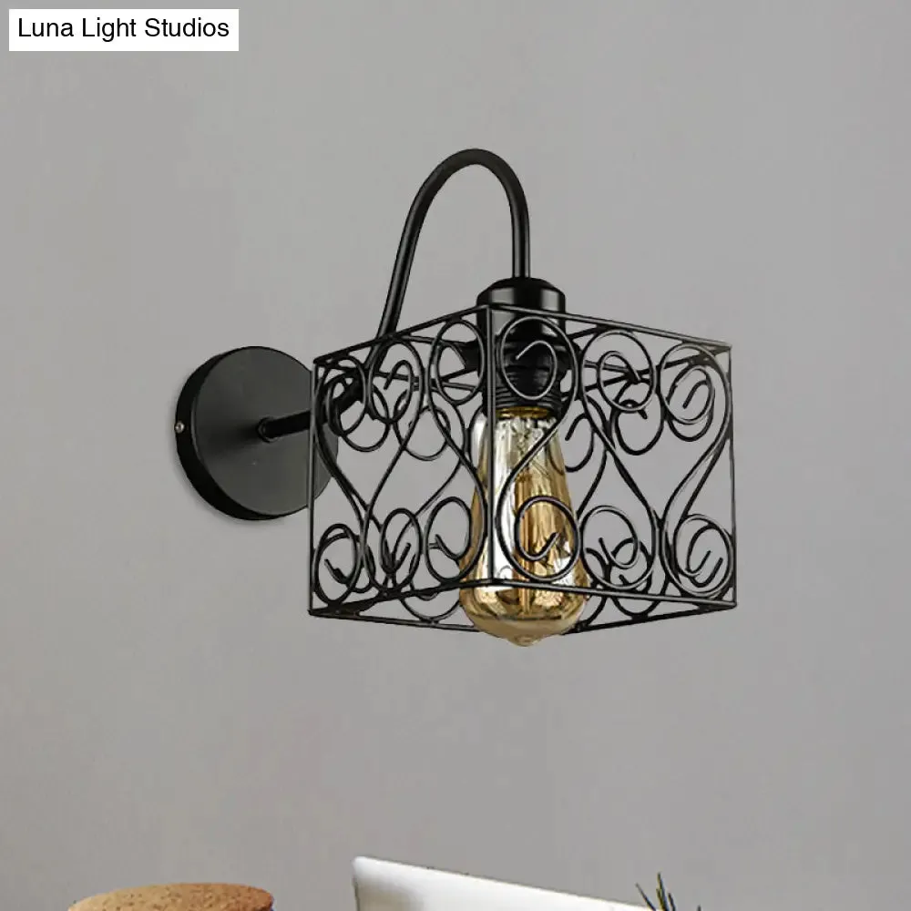 Vintage Industrial Metal Cage Wall Sconce - Square/Diamond Design, Black Finish