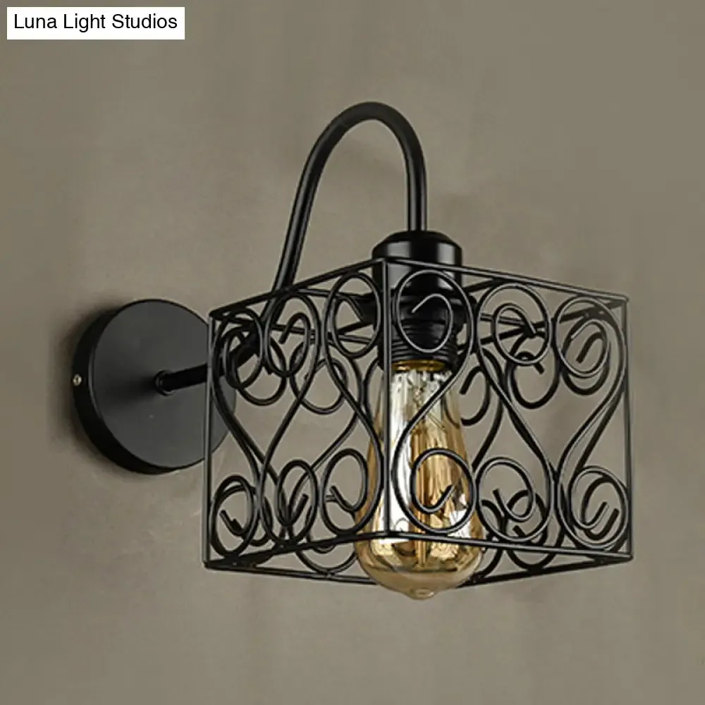 Vintage Industrial Metal Cage Wall Sconce - Square/Diamond Design, Black Finish