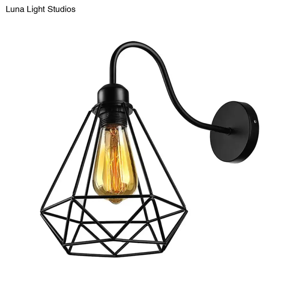 Vintage Industrial Metal Cage Wall Sconce - Square/Diamond Design, Black Finish