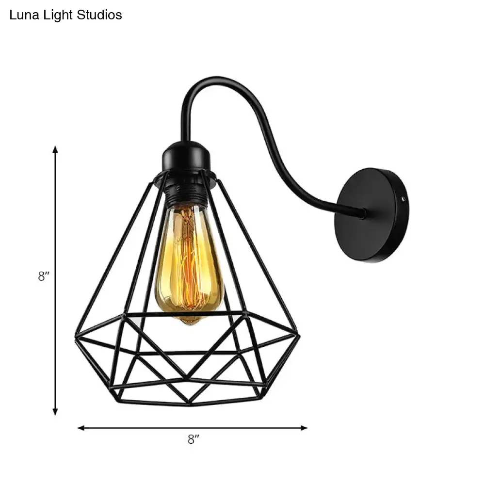 Vintage Industrial Metal Cage Wall Sconce - Square/Diamond Design, Black Finish