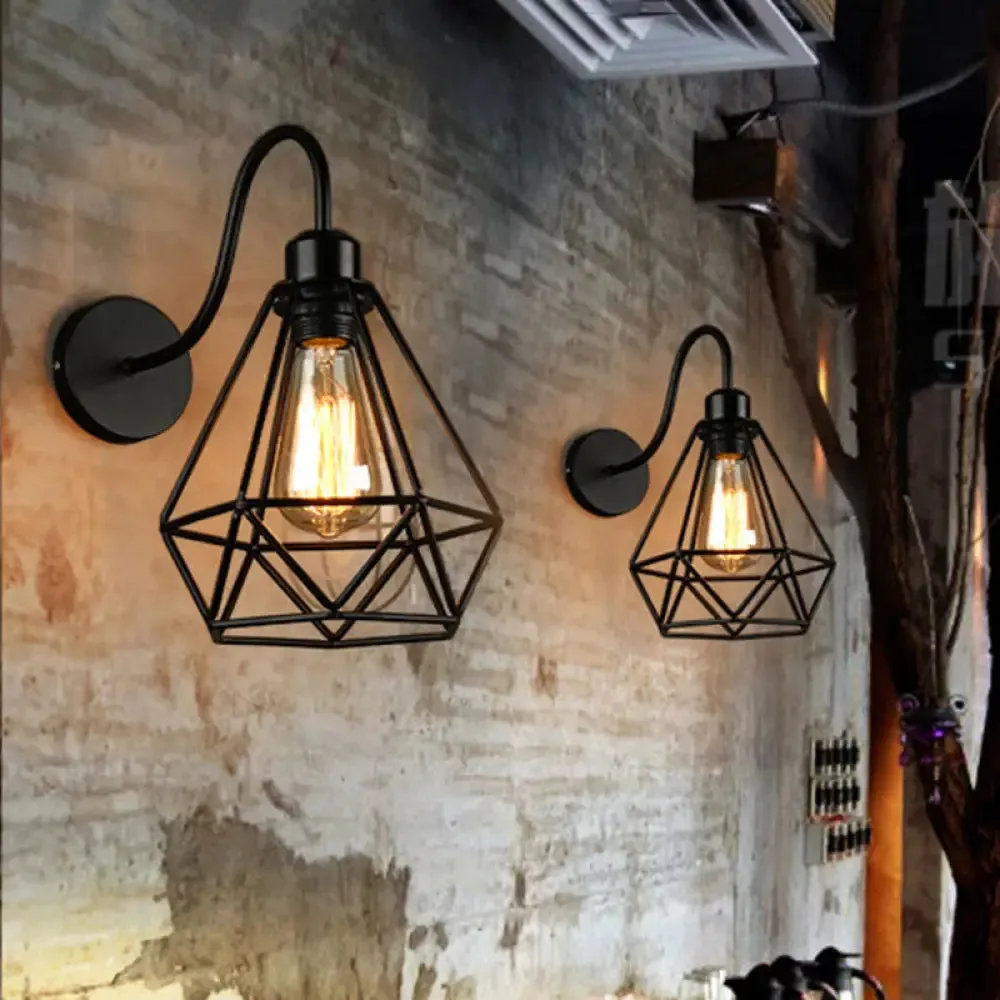 Vintage Industrial Metal Cage Wall Sconce - Square/Diamond Design, Black Finish