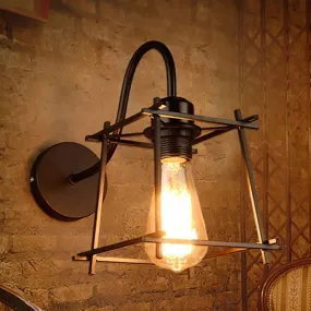 Vintage Industrial Metal Cage Wall Sconce - Square/Diamond Design, Black Finish