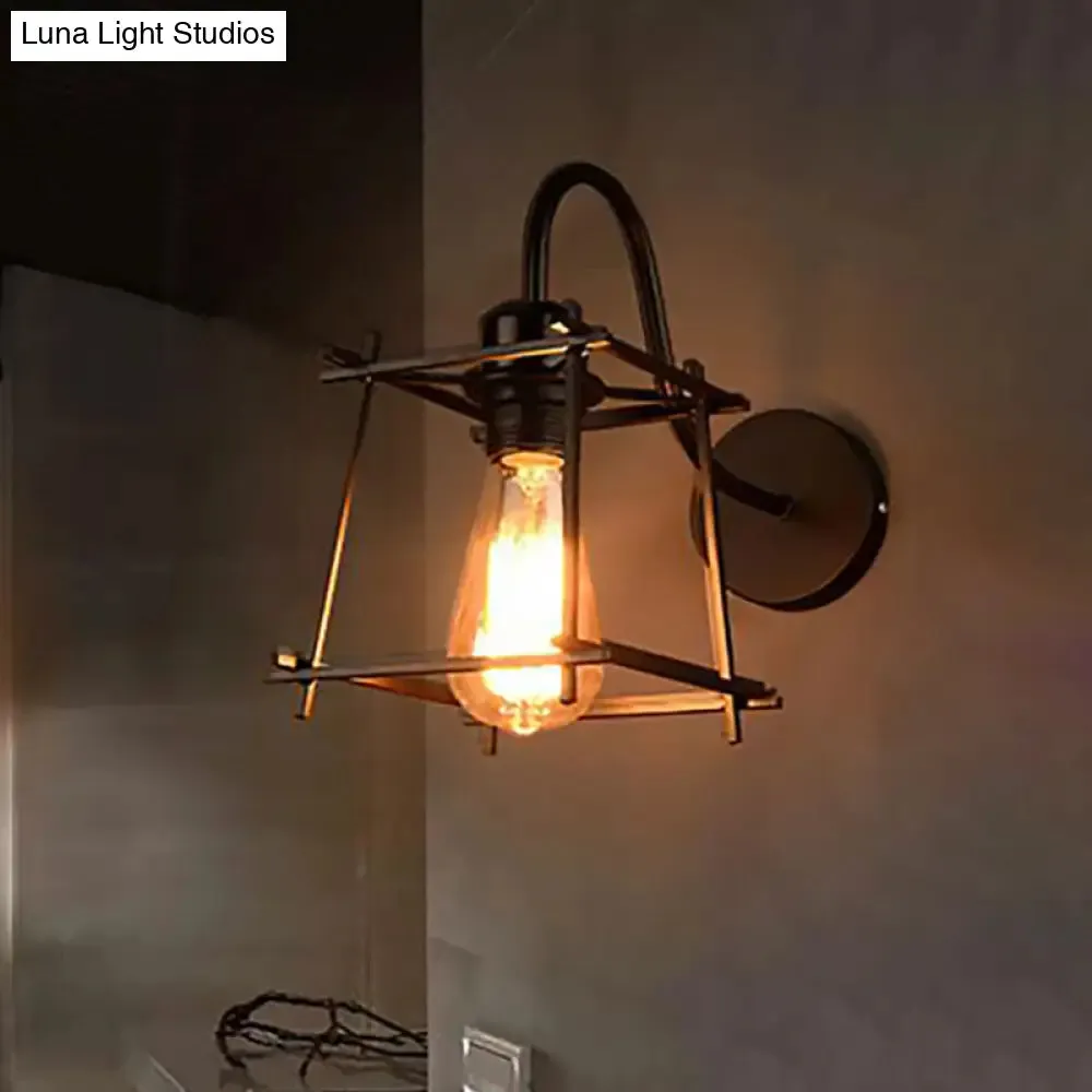Vintage Industrial Metal Cage Wall Sconce - Square/Diamond Design, Black Finish
